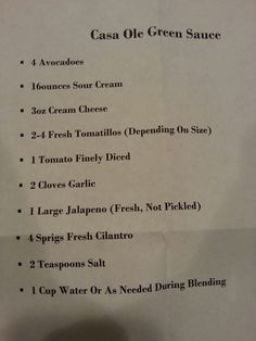 a menu listing the different types of green sauces