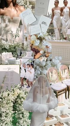 a collage of photos with white flowers and brides