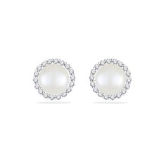 43872 - 14K White Gold - White Akoya Pearl Halo Stud Earrings White Round Cluster Earrings For Formal Occasions, 14k White Gold Pearl Earrings, Timeless Diamond Pearl Earrings, Fine Jewelry Halo Design Round Cut Earrings, Round Brilliant Cut Cluster Earrings For Formal Events, Round Brilliant Cut Cluster Earrings For Formal Occasions, Elegant Round Halo Setting Earrings, Luxury Round Bridal Earrings With Halo Setting, Classic Pearl Earrings With Halo Design For Gifts