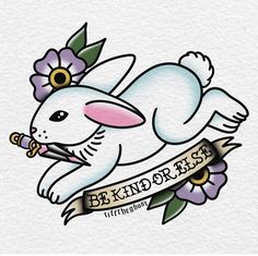 a white rabbit with flowers on it's head holding a pipe