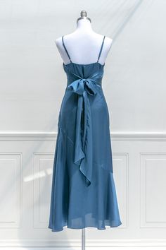 Blue Silk Midi Dress, Conformation Ideas, Medium Length Dresses, Yule Ball Dress, Blue Evening Dress, Fancy Event, Holiday Cocktail Party, Aesthetic Dress, Holiday Cocktail