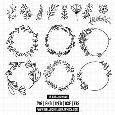 hand drawn floral wreaths and frames with the text, 15 pack bundle svt