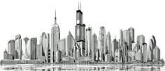 a black and white drawing of a cityscape with skyscrapers in the background