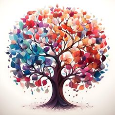 a colorful tree with lots of leaves on it's trunk and branches in the shape of hearts