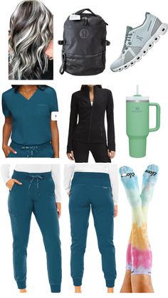 a collage of different items including shoes, coffee cup and backpack