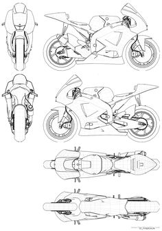 three different views of the same motorbike, each with its own side view