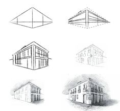 four different types of buildings are shown in black and white, with one drawing of the building