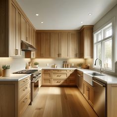 a kitchen with wooden cabinets and white counter tops