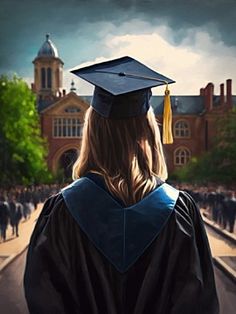 a woman wearing a graduation cap and gown looking out at the graduates in the background