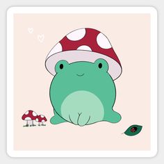 a green frog with a mushroom on its head sitting in front of a toadling