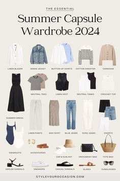 If you are looking for inspiration for women’s summer outfits, this minimal and light summer capsule wardrobe for 2024 is for you. This soft, cool, and casual summer capsule wardrobe will take you from day to night. Summer outfits 2024 trends, European summer capsule wardrobe, wardrobe basics summer, summer travel wardrobe Closet Basics For Women Summer, Weekend Clothes For Women, Easy Casual Outfits Summer, Capsule Wardrobe Work Office Summer, Summer Clothes 2024 Women, Capsule Summer Wardrobe Travel Packing, European Summer Capsule Wardrobe 2024, Summer Vacation Wardrobe, Women’s European Travel Outfits