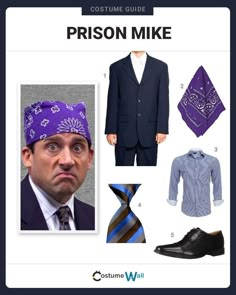 the costume guide for prison mike is shown in purple and blue, with an image of a