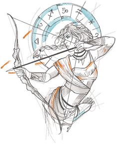 a drawing of a woman holding a bow and arrow in her right hand, with arrows pointing