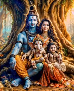 a painting of the hindu god and his two children sitting in front of a tree