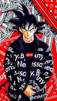 an anime character with black hair standing in front of stacks of money and wearing a jacket