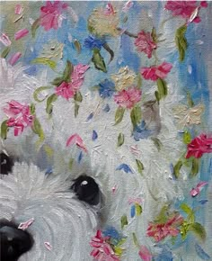 a painting of a white dog with pink flowers on it's head and eyes