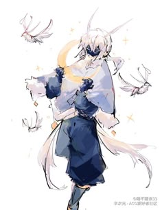 an anime character with white hair and blue eyes, holding a bird in his hand