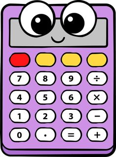 a purple calculator with eyes and numbers on it