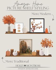 shelves filled with vases and pictures on top of each other, including pumpkins