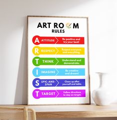 the art room rules poster is displayed in front of a table with a vase and chair