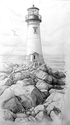 a black and white drawing of a lighthouse on the rocky shore with seagulls flying around