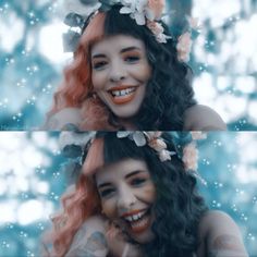 two pictures of a woman with orange hair and flowers in her hair, smiling at the camera