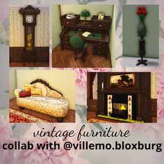 a collage of photos with furniture and flowers in them, including a bed, desk, chair, fireplace