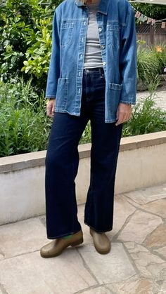 Denim chore coat, denim on denim, double denim, clogs, gardana clog, salter house Salter House, Clog Outfit, Denim On Denim, Chore Coat, Double Denim, Dope Fashion, Casual Work Outfits, Fashion Mistakes, Fashion Images