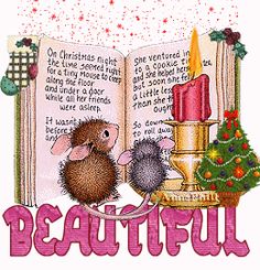 a christmas card with a mouse reading a book