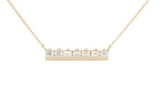 The At the Bar 7 baguette necklace is a classic piece, for a classic lady. 7 gorgeous baguettes sitting up at a solid 18k recycled gold bar. 7 ethically sourced baguette diamonds Total carat weight: 0.7 18K recycled yellow gold Measurements: 4.4mm/.17 inches high, 22.3mm/.88 inches wide This is a GIFT THAT GIVES BACK! Click here to see how. The 1.1mm cable chain is adjustable to be worn at 16 or 18 inches because hey, we like options. Please allow 3 weeks for us to make and ship your special pie Necklace Trends, Baguette Necklace, Trending Necklaces, Ethical Fashion Brands, Jewelry Brands, Baguette Diamonds, Gemstone Necklaces, Necklaces Gold, Ethical Jewelry