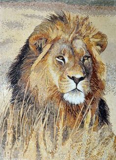 a painting of a lion in the grass