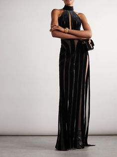 Tom Ford Cutout Tulle-Trimmed Velvet Halterneck Gown IT 36 (US 0)  | eBay Elegant Cocktail Dresses, Party Outfit Women, Tom Ford Clothing, Unique Women, Exclusive Dress, Outfit Women, Party Outfits, Gold Accessories, Dress And Heels