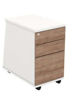 a white and brown filing cabinet on wheels