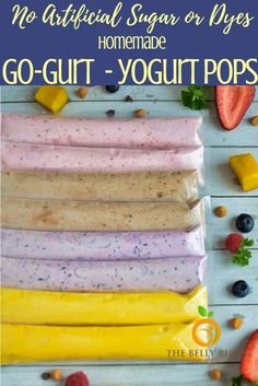 an image of homemade yogurt pops with fruit on the side and text that reads, no artificial sugar or dyes homemade yogurt pops