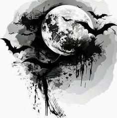 a black and white drawing of bats flying around the moon with paint splatters on it