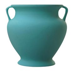 a large blue vase with two handles on the top and bottom, sitting in front of a white background