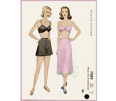 A sweet 1950s lingerie pattern featuring a three piece set- soft bra, tap short, and slip skirt. Bust 34 Waist 28 Hips 37 ★ ★ ★ ★ ★ ★ ★ ★ You will receive a high quality reproduction with full scale pattern pieces printed on white paper. This is a clean, computer drafted file printed to actual size. Instructions are included. Lady Marlowe 2020. All rights reserved. ★ ★ ★ ★ ★ ★ ★ ★ Please keep in mind that these patterns are printed on white paper which is heavier than tissue, but I always strive 1950s Lingerie, Tap Shorts, Lingerie Patterns, Vintage Bra, Tap Pants, Lingerie Vintage, Jean Harlow, Sewing Lingerie, Bra Pattern