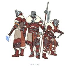 three knights are standing next to each other