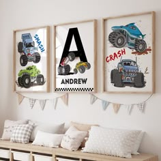 three children's wall hangings with cars and trucks on them in a room