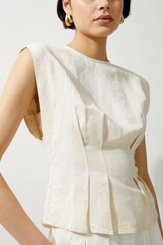 Viscose Linen Woven Strong Shoulder Top | Karen Millen Fitted Linen Dress For Work, Classic Linen Summer Dress, Chic Fitted Beige Linen Dress, Fitted Sleeveless Linen Dress For Work, Elegant Flax Linen Dress, Elegant Sleeveless Linen Top, Elegant Flax-colored Tops For Spring, Elegant Flax Colored Tops For Spring, Fitted Linen Top In Beige