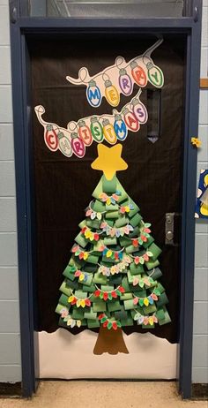 Colorful Christmas Classroom Door, Xmas Tree Door Decoration, Door Decorations Holiday, Paper Christmas Tree Door Decoration, Chrismast Decoration Idea Diy Outside, Christmas Decor Ideas For School Doors, Door Decorating Classroom Christmas, 3d Christmas Tree Door Decoration, Christmas Decor Door Classroom