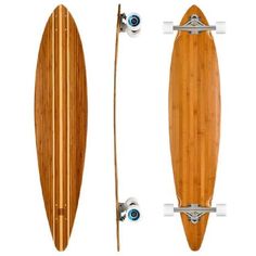 the longboard is made from bamboo and has two wheels on each side, which are attached