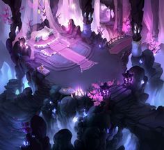 a futuristic landscape with lots of purple lights