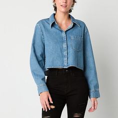 This Arizona women's and junior's denim button-down shirt brings a modern twist to a timeless piece. Made from a chambray cotton-blend for a regular-fit, it has a point collar, a chest slip pocket, and long cuffed sleeves. Wear it with distressed jeans and sneakers for a cool, laid-back look. Features: Accessory PocketClosure Type: ButtonFit: Regular FitNeckline: Collar NeckPockets: 1 Chest Slip PocketSleeve Length: Long SleeveSleeve Style: Cuffed SleeveApparel Length: 18.75 InchesFiber Content: Denim Blue Button-up Top, Denim Tops With Button Closure, Everyday Denim Tops With Button Closure, Trendy Medium Wash Button-up Top, Everyday Denim Tops With Buttons, Fall Denim Button-up Tops, Trendy Washed Blue Top With Button Closure, Fall Denim Tops With Snap Buttons, Denim Blue Button-up Top With Pockets