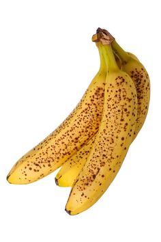 three bananas with brown speckles on them sitting next to each other in front of a white background