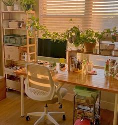 a desk with a computer and some plants on it