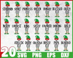 20 svg files for christmas stockings and santa hats with the words merry griny elf