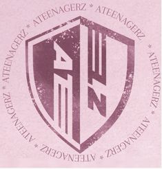 an emblem with the letters and numbers in purple on a light pink background that is worn out