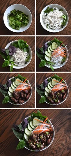 four pictures show different types of food in white bowls on a wooden table, including noodles and cucumbers