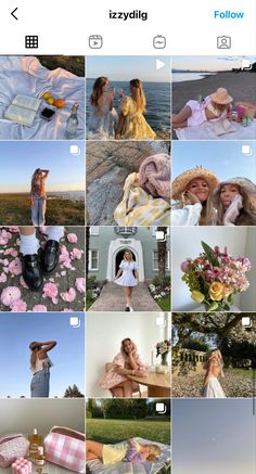 a collage of photos with flowers and people in them, including one woman wearing a hat